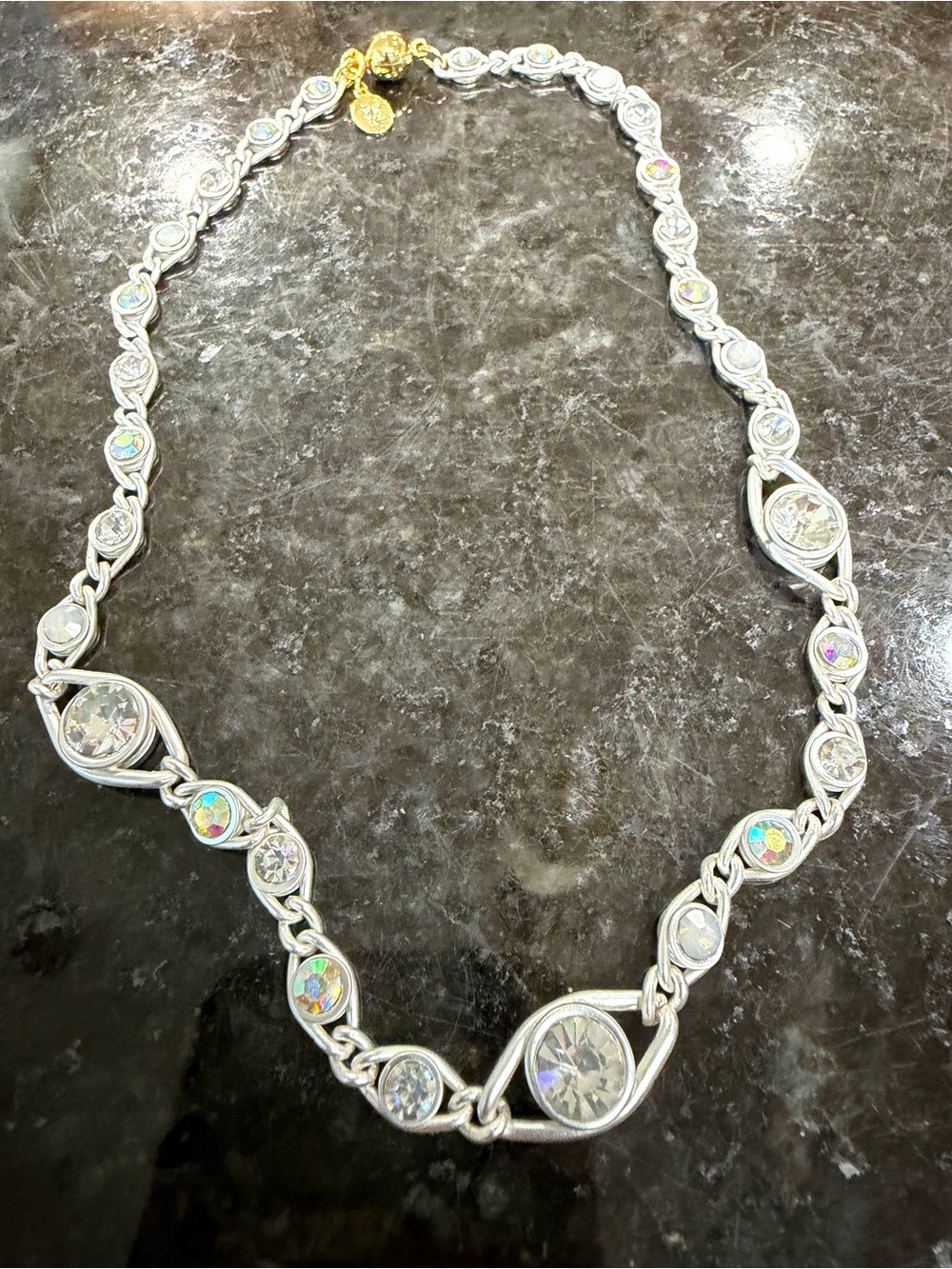 Brushed Silver-Tone Crystal Link Necklace with Iridescent Accents